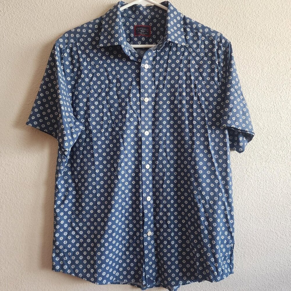 UNTUCKit Shirt Mens Medium Blue Flores Slim Fit Print Stretch Short Sleeve 2023
